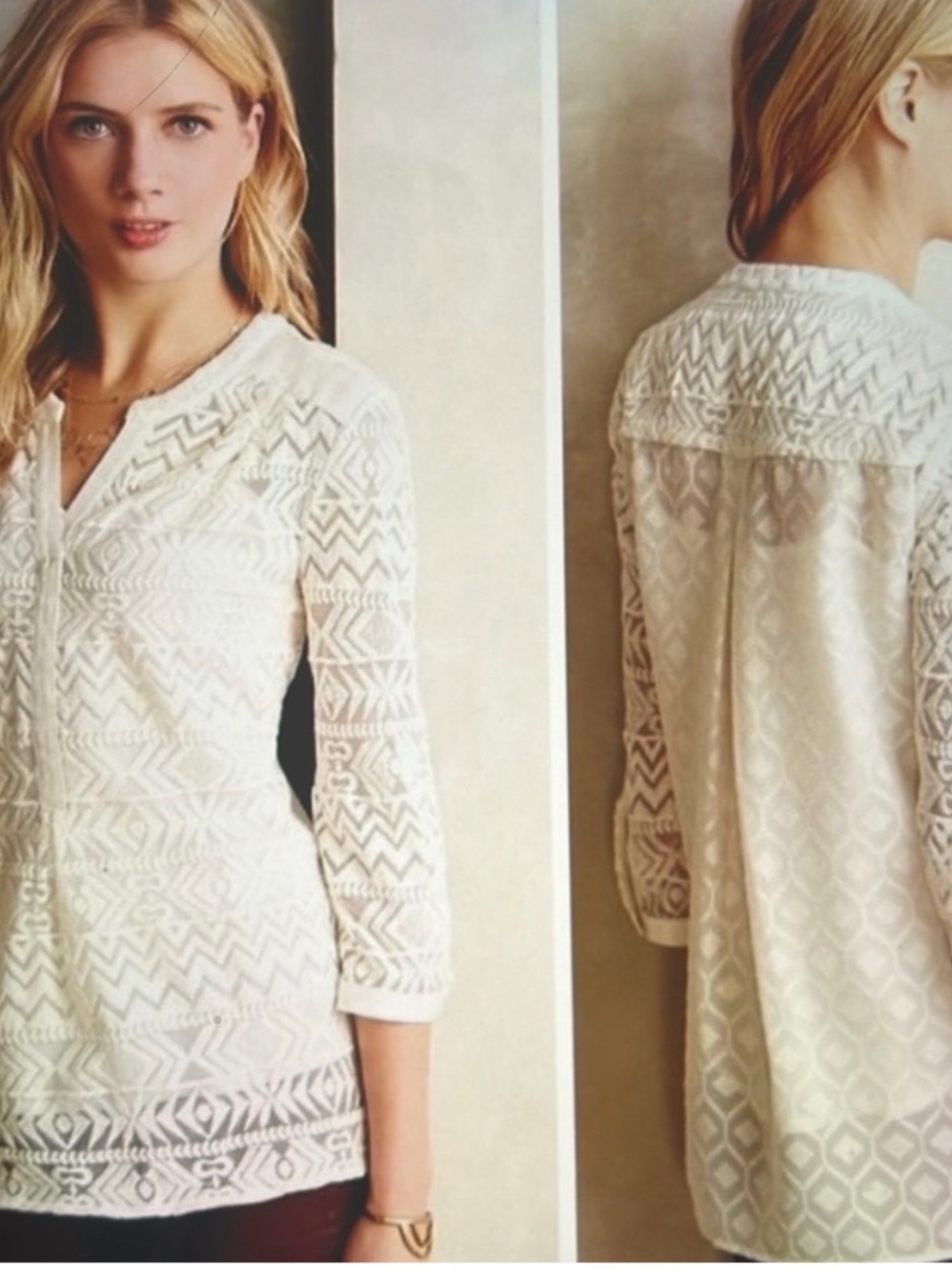 NWT Anthropologie Women's Cream Sheer Lace V-Neck Tunic Geometric Pattern  8